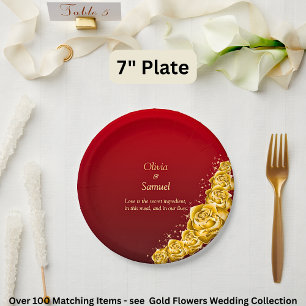 7" Names and Gold Flowers on Red Maroon Paper Plate