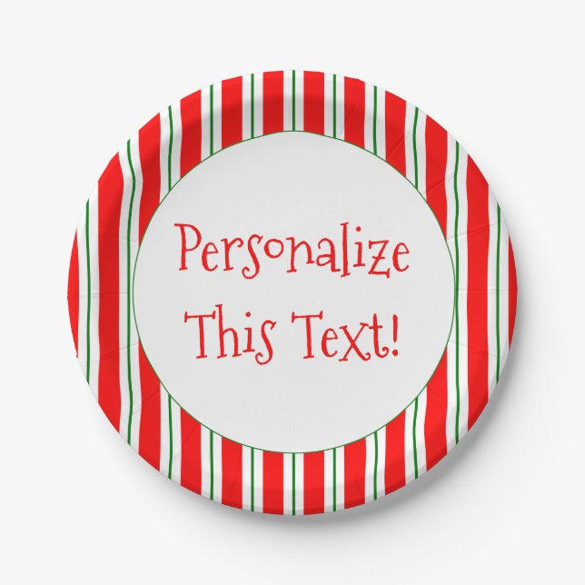7" Personalised Holiday Candy Stripe Paper Plate (Front)