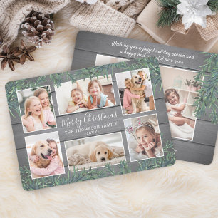 7 Photo Christmas Greenery & Rustic Grey Wood Holiday Card