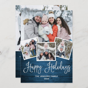 7 PHOTO Christmas Rustic Blue Wood Greeting Holiday Card