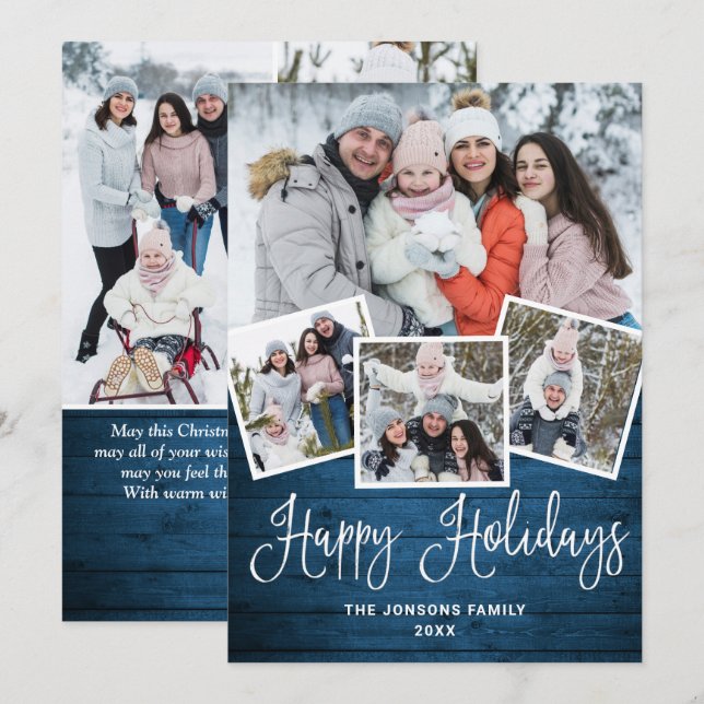7 PHOTO Christmas Rustic Blue Wood Greeting Holiday Card (Front/Back)