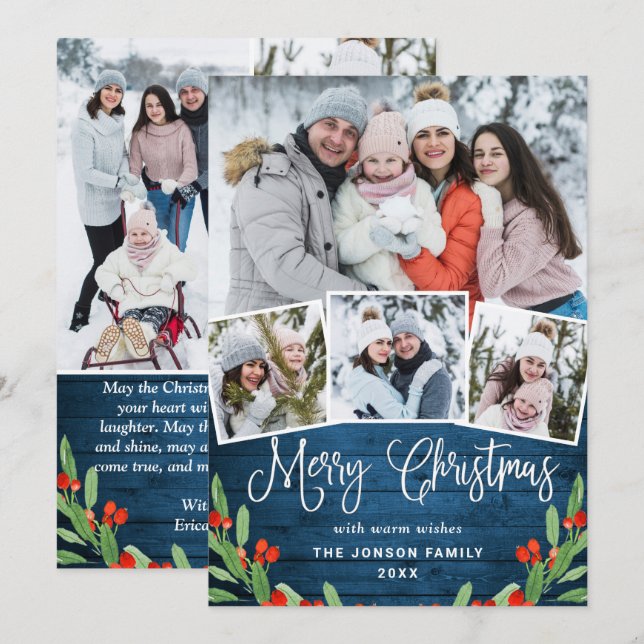 7 PHOTO Christmas Rustic Blue Wood Greeting Holiday Card (Front/Back)