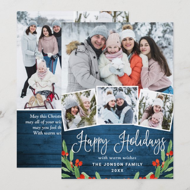 7 PHOTO Christmas Rustic Blue Wood Greeting Holiday Card (Front/Back)