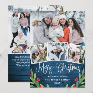 7 PHOTO Christmas Rustic Blue Wood Greeting Holiday Card