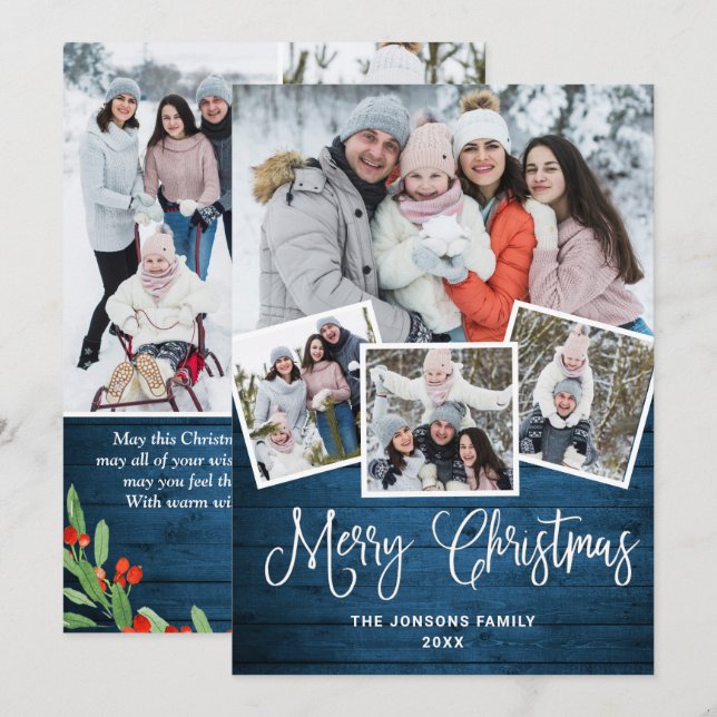 7 PHOTO Christmas Rustic Blue Wood Greeting Holiday Card (Front/Back)