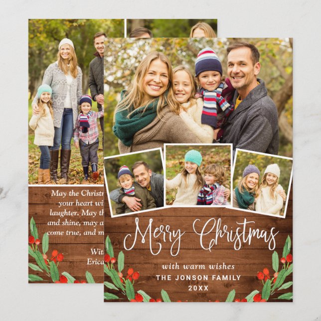 7 PHOTO Christmas Rustic Brown Wood Greeting Holiday Card (Front/Back)