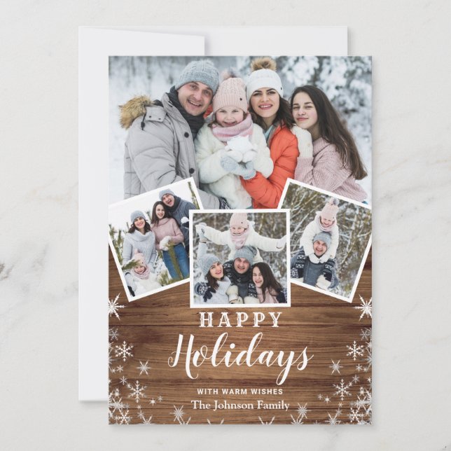 7 PHOTO Christmas Rustic Wood Greeting Holiday Card (Front)