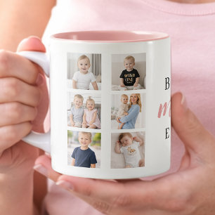 7 Photo Collage Best Mum Ever Cute Pink Hearts Two-Tone Coffee Mug