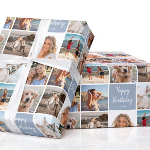 7 Photo Collage Birthday Custom Name Blue Grey Wrapping Paper