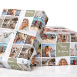 7 Photo Collage Birthday Custom Name Neutral Green Wrapping Paper<br><div class="desc">Create a beautiful photo collage with this stylish personalised wrapping paper! With seven of your own photos and a custom name to make it truly unique. A simple yet chic design with a grid of square-shaped photographs, perfect for family, kids, friends, pets or favourite places! This seamless pattern also features...</div>