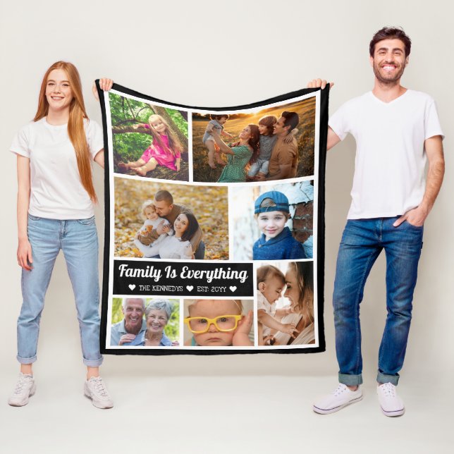 7 Photo Collage Family Is Everything Quote Fleece Blanket (In Situ)