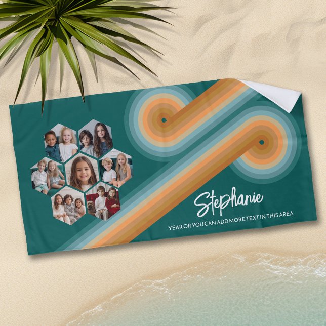 7 Photo Collage funky hexagon pattern sunset colou Beach Towel (Personalized beach towel with photos and text)