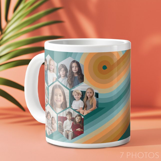 7 Photo Collage funky hexagon pattern sunset colou Large Coffee Mug (7 photo personalized coffee mug - retro stripes)