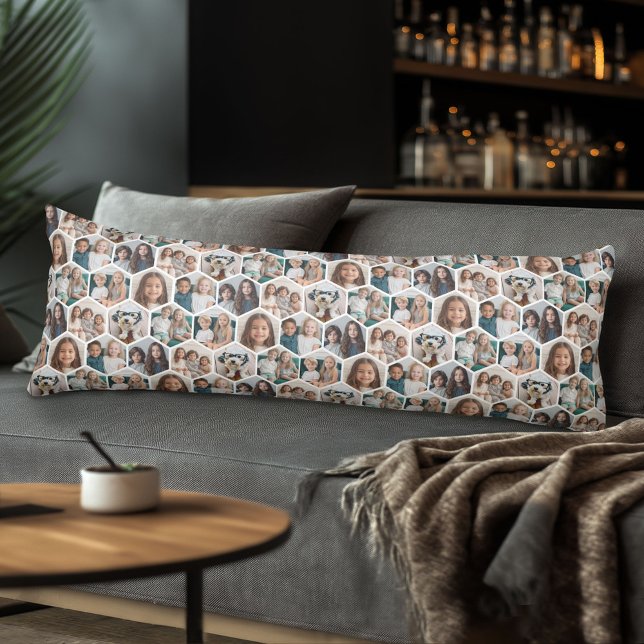 7 Photo Collage - funky honeycomb pattern - white Body Cushion (Body Pillow with Photo Collage)