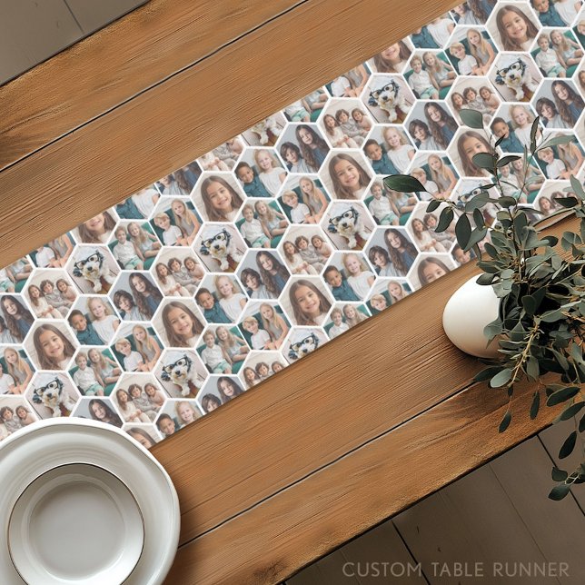 7 Photo Collage - funky honeycomb pattern - white Short Table Runner (Custom Photo Table Runner - Instant Photo Collage)