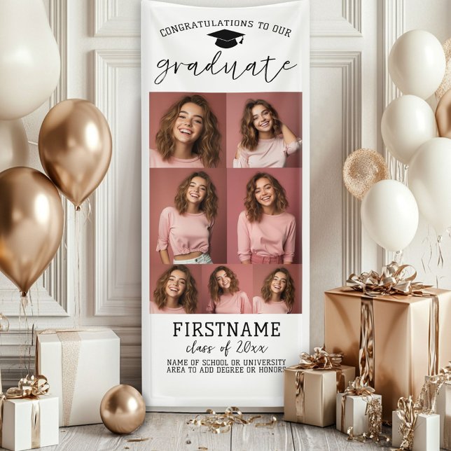 7 Photo Collage Graduation Modern Minimal White Banner (Custom Graduation Photo Banner - Great backdrop and Graduation Party Decoration)