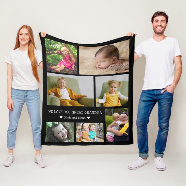 7 Photo Collage We Love You Great Grandma Black Fleece Blanket (In Situ)