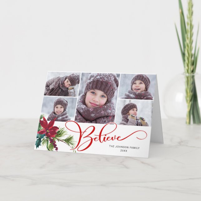 7 Photo Elegant Poinsettia Christmas BELIEVE Holiday Card (Front)