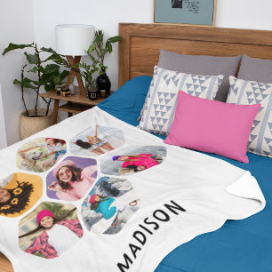 7 Photo Hexagon Collage Modern Name Sherpa Blanket