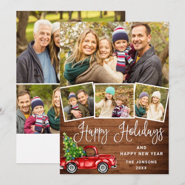 7 Photo Merry Christmas Red Farm Truck Holiday Card (Front/Back)
