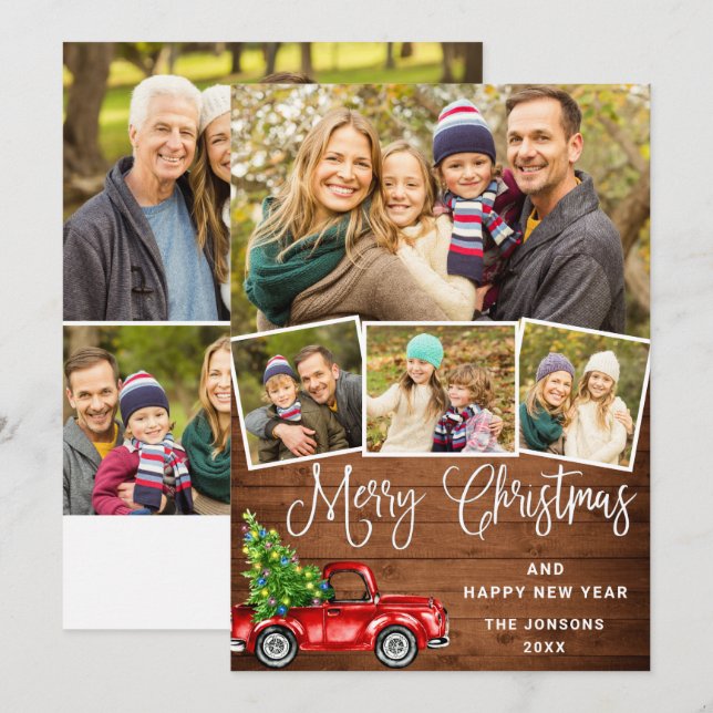 7 Photo Merry Christmas Red Farm Truck Holiday Card (Front/Back)