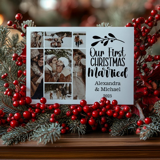 7 Photo Minimialist Our First Christmas Married Holiday Card (Creator Uploaded)