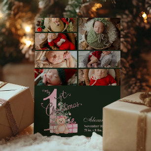 7 Photo  Pink Green Baby First Christmas Holiday Card