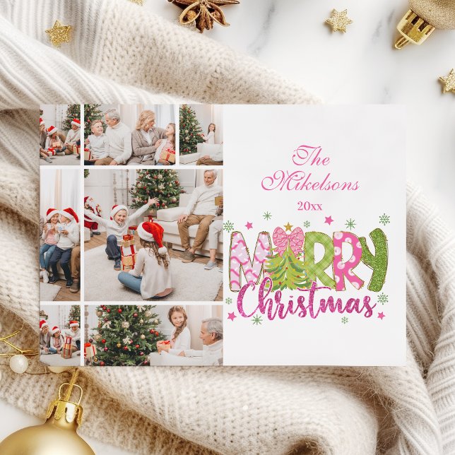 7 Photo Pink Green Bow Tree Merry Christmas Holiday Card (Creator Uploaded)