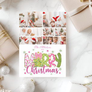7 Photo Pink Green Bow Tree Merry Christmas Holiday Card