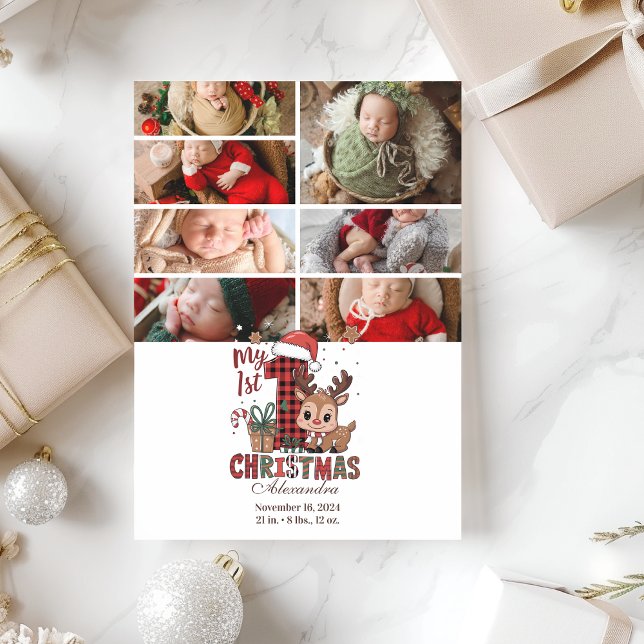 7 Photo Plaid Reindeer First Christmas Holiday Card (Creator Uploaded)