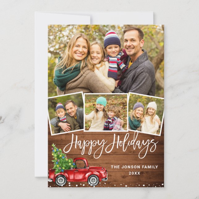 7 PHOTO Retro Christmas Red Truck Rustic Greeting Holiday Card (Front)