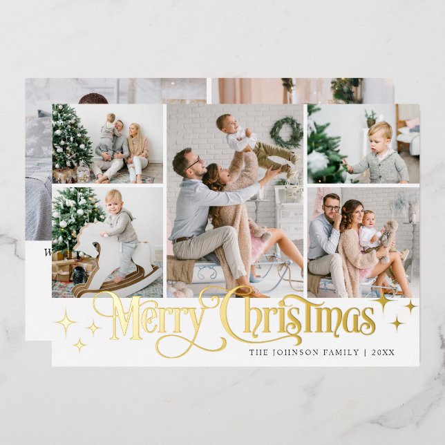 7 PHOTO Sparkle Merry Christmas Gold Foil Holiday Card (Front/Back)