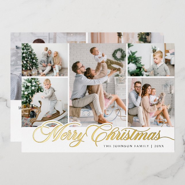 7 PHOTO Sparkle Merry Christmas Greeting Foil Holiday Card (Front/Back)