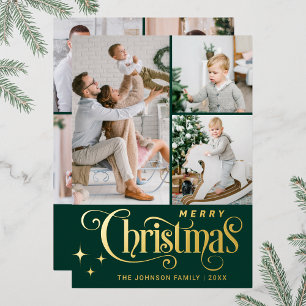 7 PHOTO Sparkle Merry Christmas Greeting Gold Foil Holiday Card