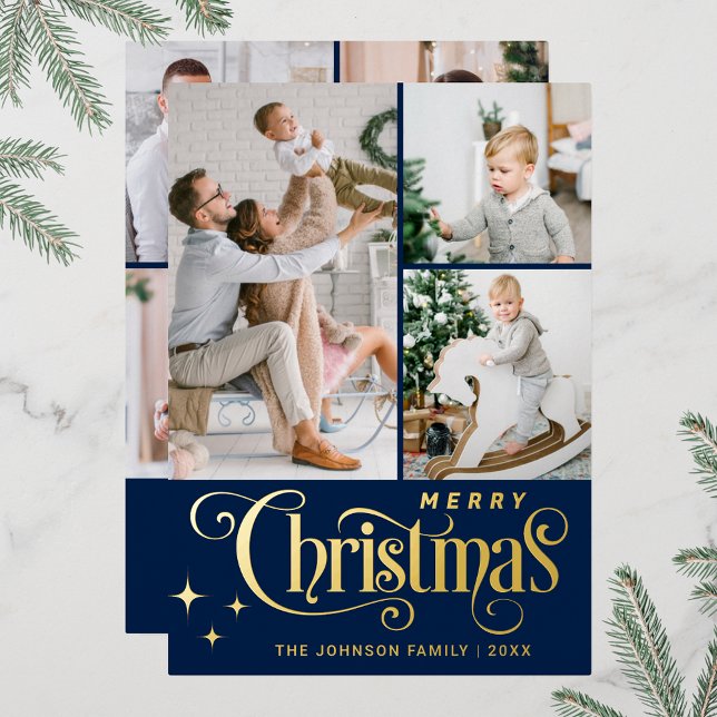 7 PHOTO Sparkle Merry Christmas Greeting Gold Foil Holiday Card (Real foil print Christmas holiday greeting card.)