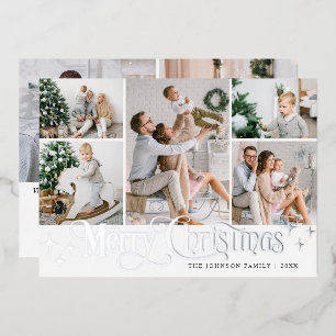 7 PHOTO Sparkle Merry Christmas Silver Foil Holiday Card