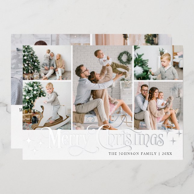 7 PHOTO Sparkle Merry Christmas Silver Foil Holiday Card (Front/Back)