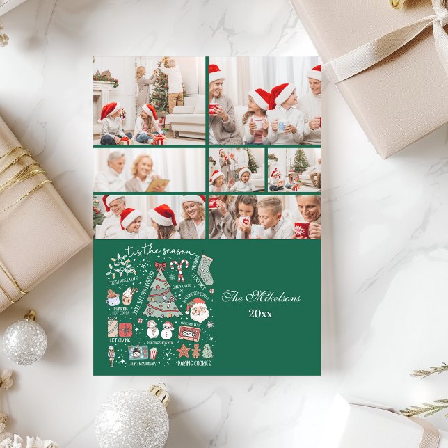 7 Photo Tis The Season Retro Green Christmas Holiday Card (Creator Uploaded)