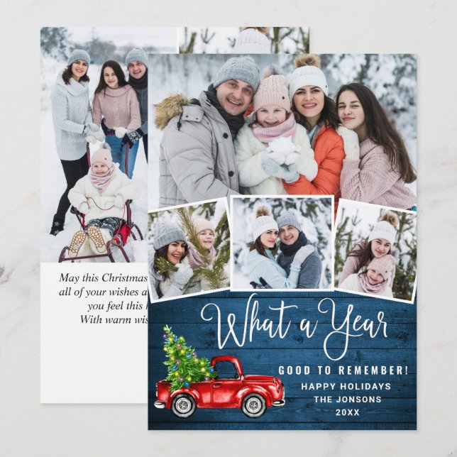 7 Photo What a Year Christmas Red Farm Truck Holiday Card (Front/Back)