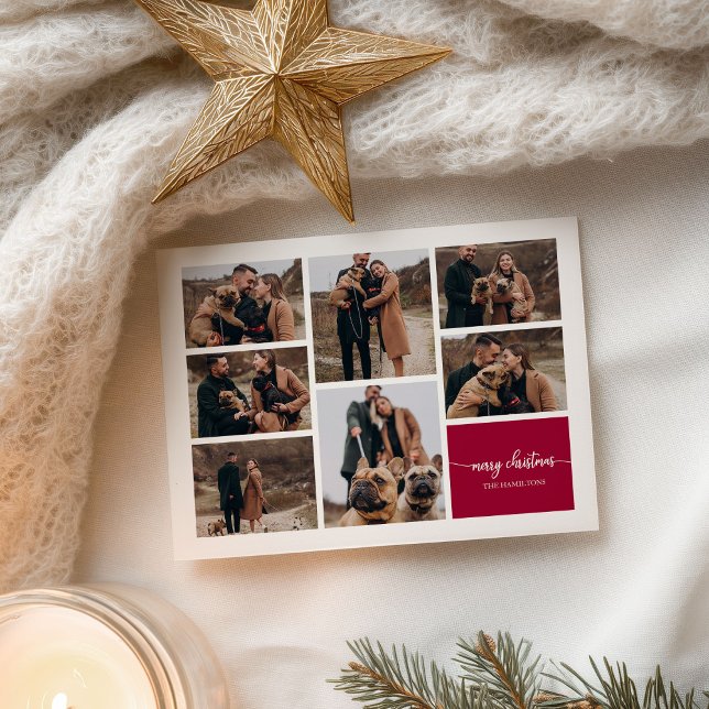 7 Photos Collage Elegant Script Merry Christmas Postcard (Creator Uploaded)