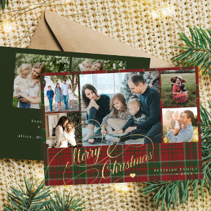 7 photos Merry Christmas script red green plaid Holiday Card