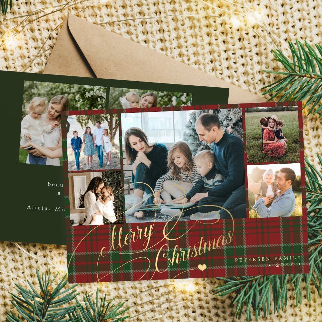 7 photos Merry Christmas script red green plaid  Holiday Card (Creator Uploaded)