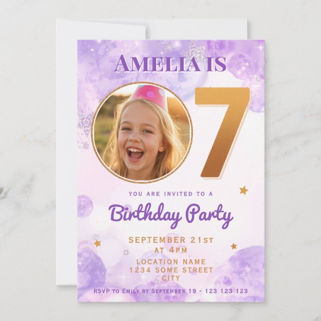 7 Purple Gold Star Bubbles Birthday Invitation (Front)