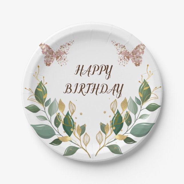 7" Round Floral Happy Birthday Paper Plate. Paper Plate (Front)
