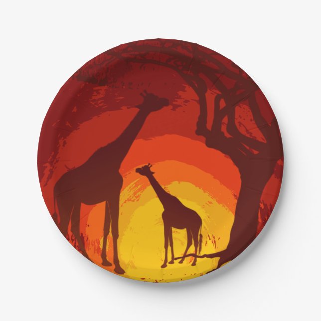 7" Round Paper Plate African Safari Giraffe Sun (Front)