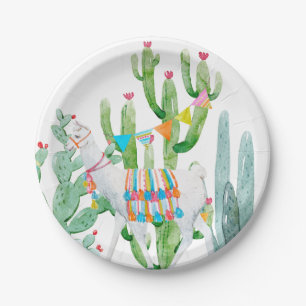 7" Round Paper Plate Boho Llama Bohemian Cacti Des