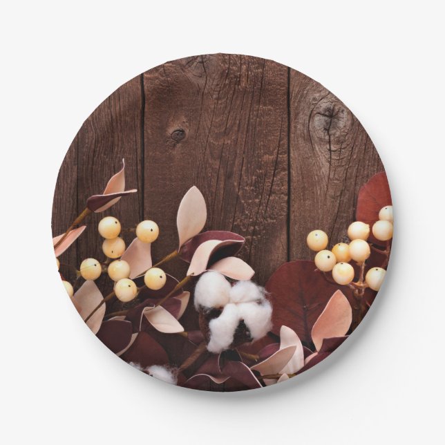 7" Round Paper Plate Cotton Branch on Dark Wood St (Front)