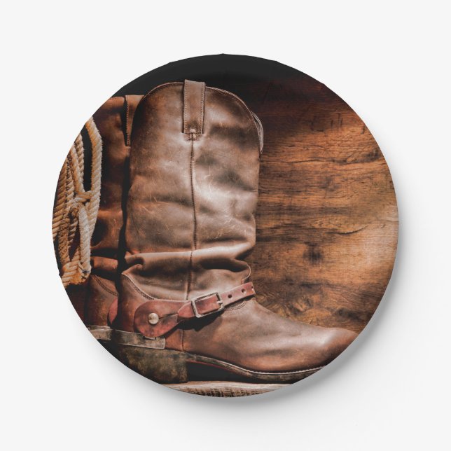 7" Round Paper Plate Cowboy Boots Barn Wood Rustic (Front)