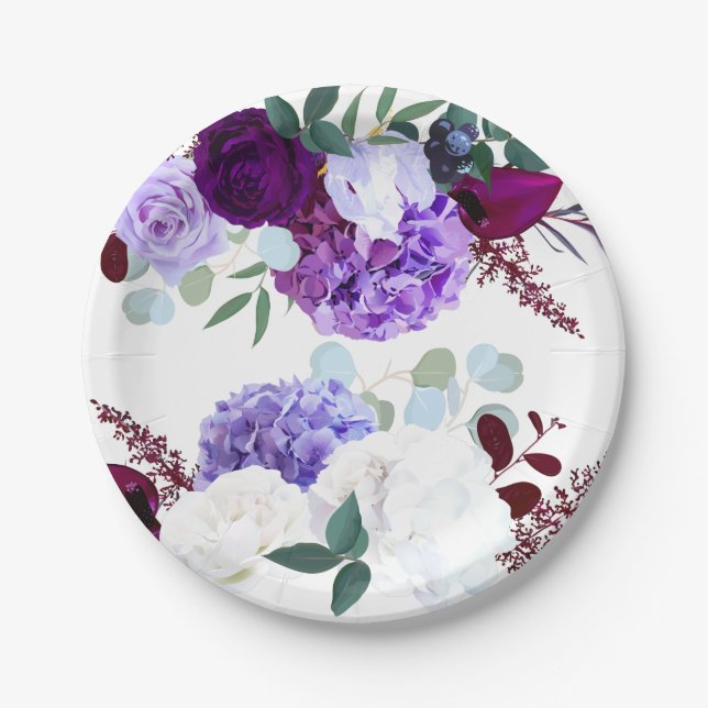 7" Round Paper Plate Lavender Hibiscus on White (Front)