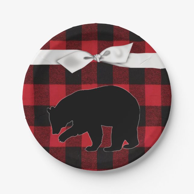 7" Round Paper Plate Red Plaid Black Bear (Front)